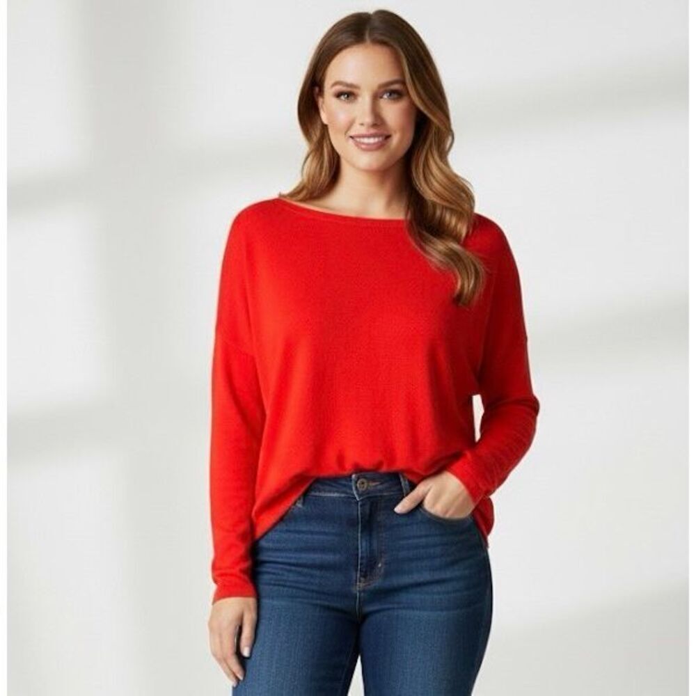 Eileen Fisher Boat Neck Long Sleeve Knit Red Sweater Top Large Cashmere wool sil